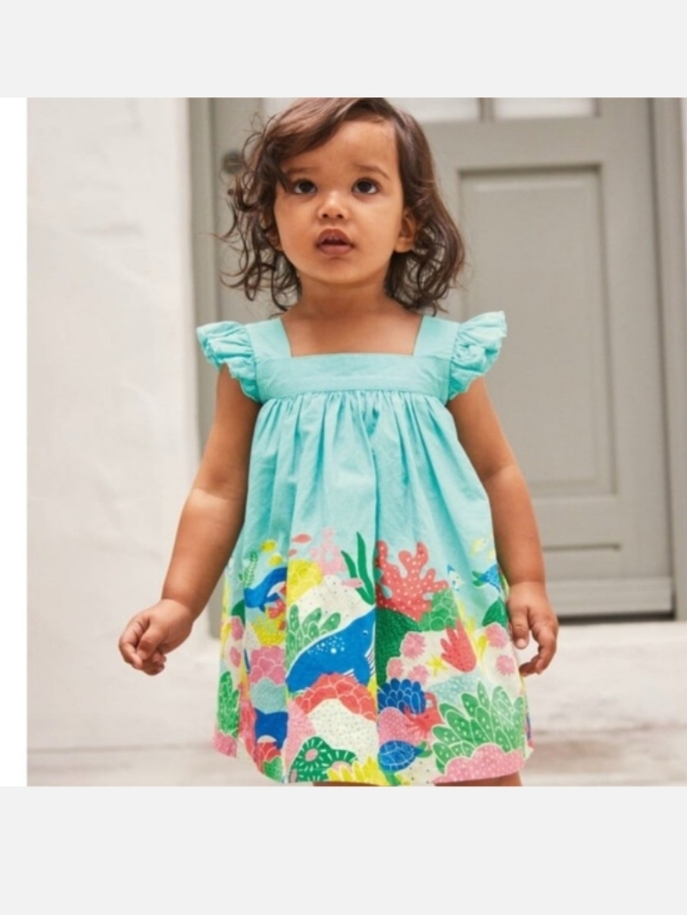 Baby Boden Dress Size 3-6 Months Woven Coral Scene Dress Sea Life Light Blue